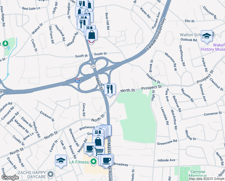 map of restaurants, bars, coffee shops, grocery stores, and more near 1 Pope Street in Wakefield