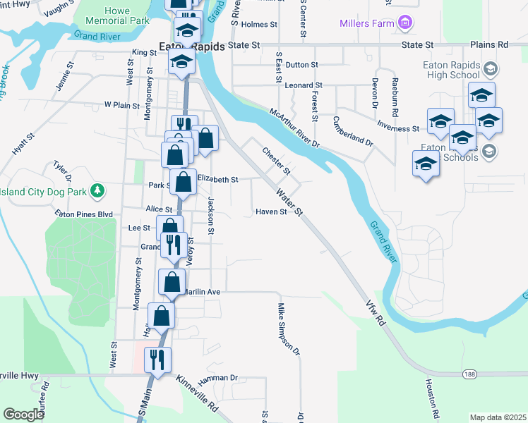 map of restaurants, bars, coffee shops, grocery stores, and more near 1208 Water Street in Eaton Rapids