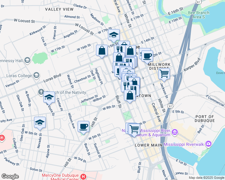 map of restaurants, bars, coffee shops, grocery stores, and more near in Dubuque