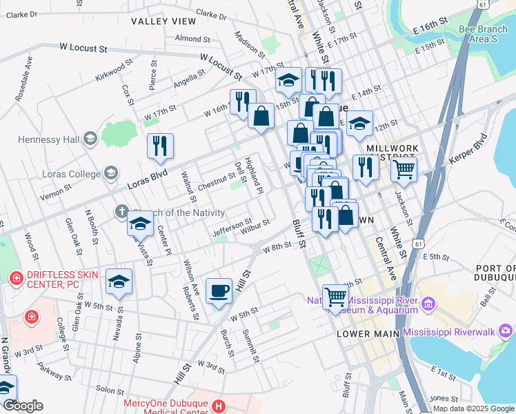 map of restaurants, bars, coffee shops, grocery stores, and more near 1105 Highland Place in Dubuque