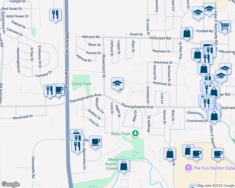 map of restaurants, bars, coffee shops, grocery stores, and more near 3715 Pennsylnania Avenue in Dubuque