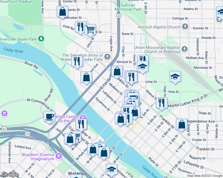 map of restaurants, bars, coffee shops, grocery stores, and more near 415 East 2nd Street in Waterloo
