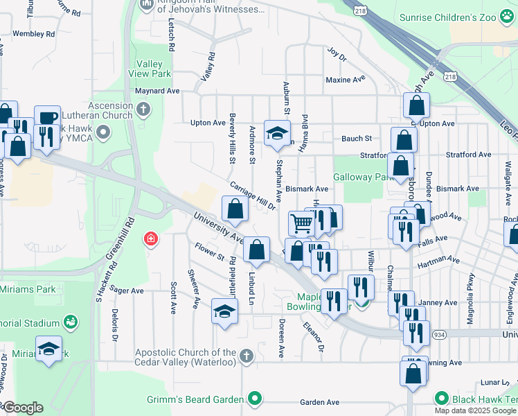 map of restaurants, bars, coffee shops, grocery stores, and more near 1701 Carriage Hill Drive in Waterloo