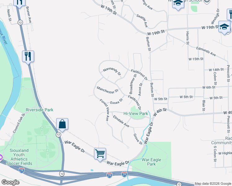 map of restaurants, bars, coffee shops, grocery stores, and more near 4000 Fieldcrest Drive in Sioux City