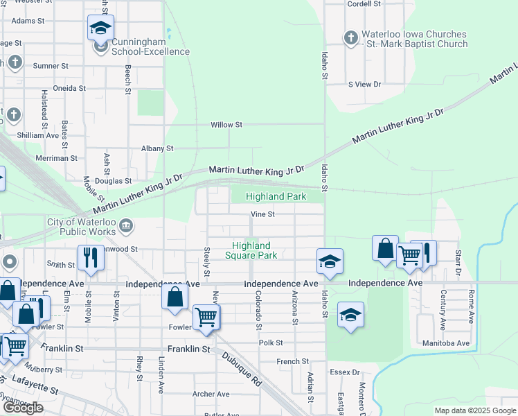 map of restaurants, bars, coffee shops, grocery stores, and more near 1225 Vine Street in Waterloo