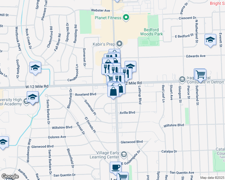 map of restaurants, bars, coffee shops, grocery stores, and more near 28939 Southfield Road in Southfield