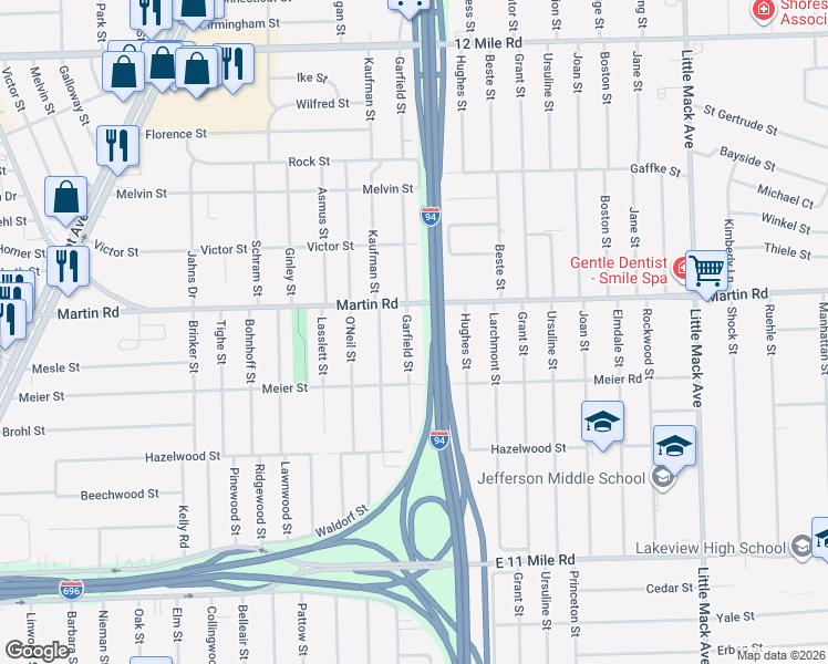 map of restaurants, bars, coffee shops, grocery stores, and more near 27856 Garfield Street in Roseville