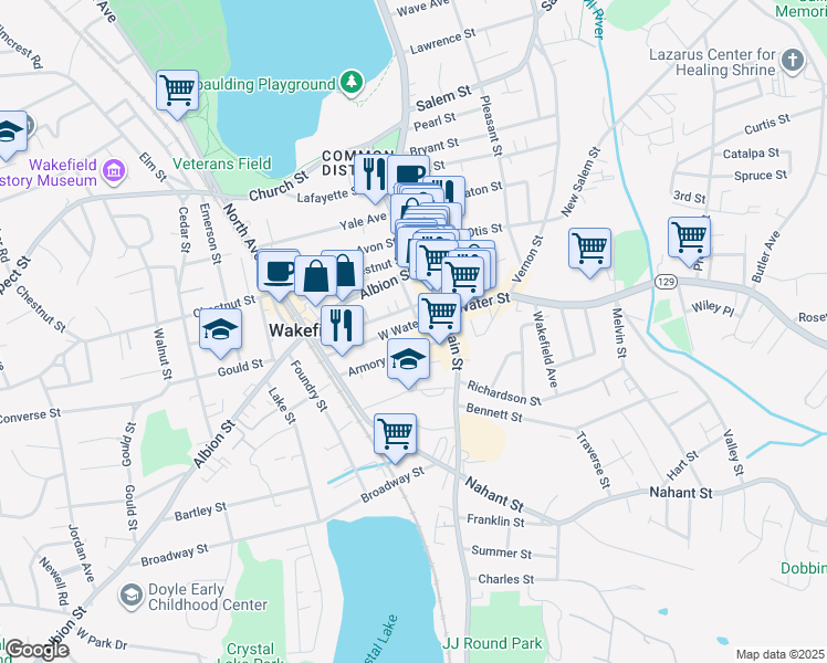 map of restaurants, bars, coffee shops, grocery stores, and more near 12 West Water Street in Wakefield