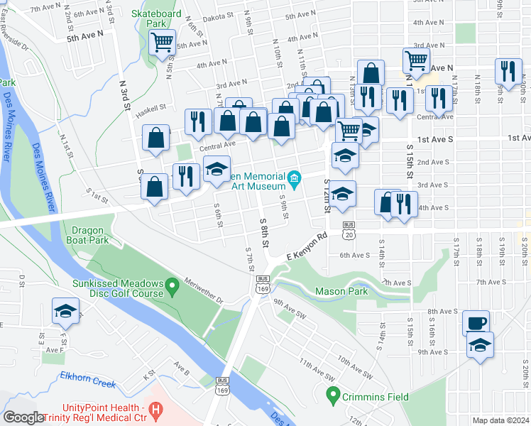 map of restaurants, bars, coffee shops, grocery stores, and more near 301 South 8th Street in Fort Dodge