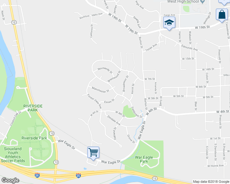 map of restaurants, bars, coffee shops, grocery stores, and more near 3865 Fieldcrest Drive in Sioux City