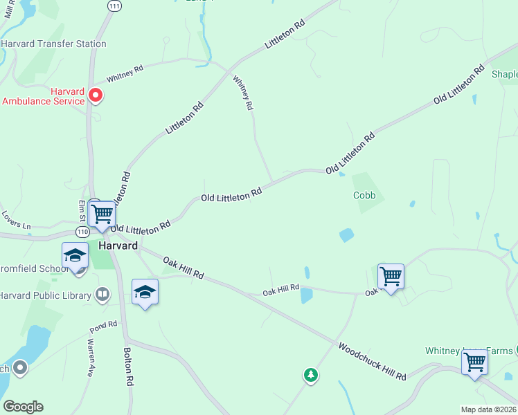 map of restaurants, bars, coffee shops, grocery stores, and more near 56 Old Littleton Road in Harvard
