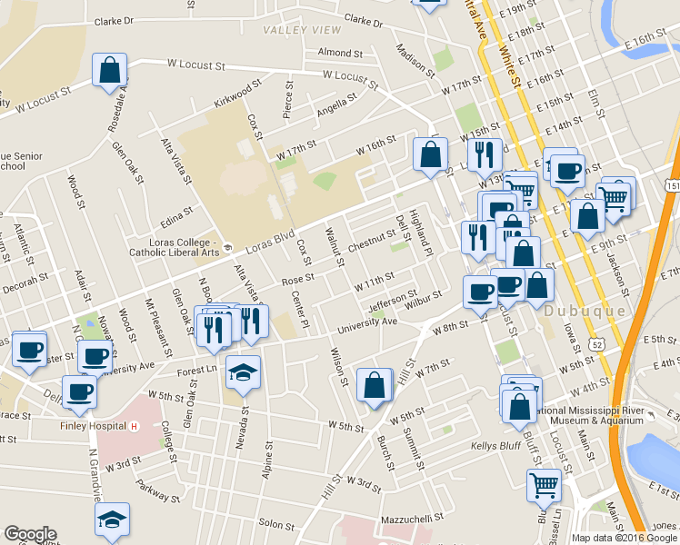 map of restaurants, bars, coffee shops, grocery stores, and more near 1179 Walnut Street in Dubuque