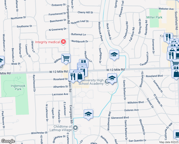 map of restaurants, bars, coffee shops, grocery stores, and more near 29075 Heritage Lane in Southfield