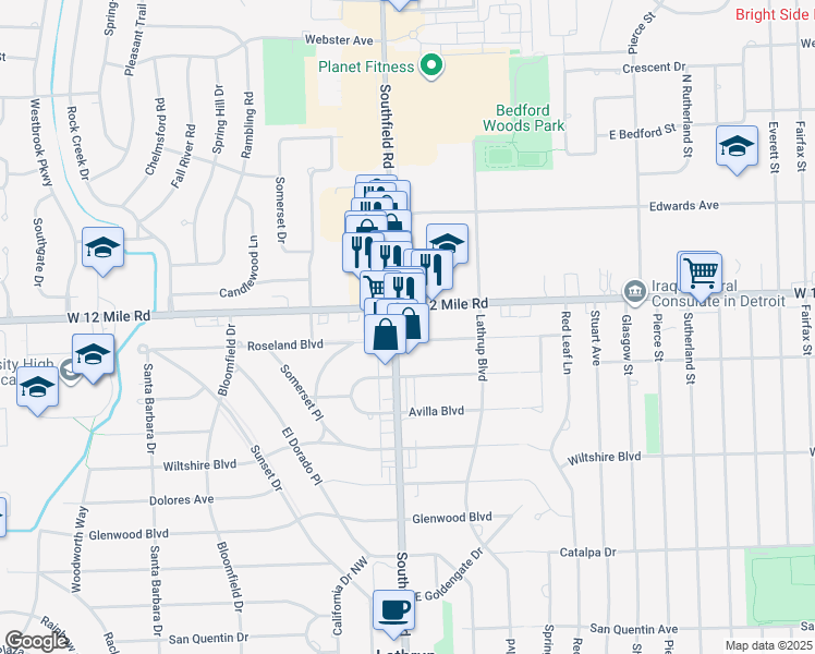 map of restaurants, bars, coffee shops, grocery stores, and more near 17660 West 12 Mile Road in Southfield