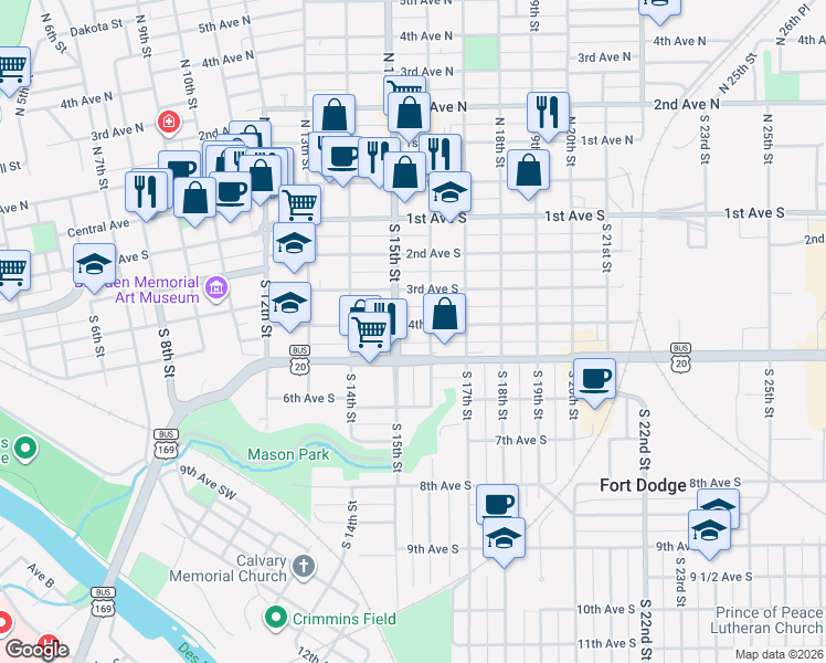 map of restaurants, bars, coffee shops, grocery stores, and more near 315 South 15th Street in Fort Dodge