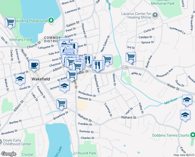 map of restaurants, bars, coffee shops, grocery stores, and more near 111 Water Street in Wakefield