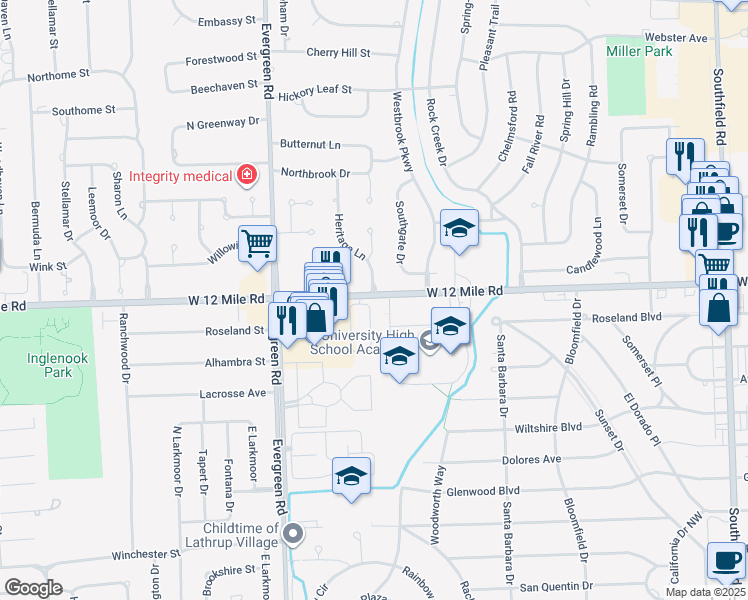 map of restaurants, bars, coffee shops, grocery stores, and more near 29075 Heritage Lane in Southfield