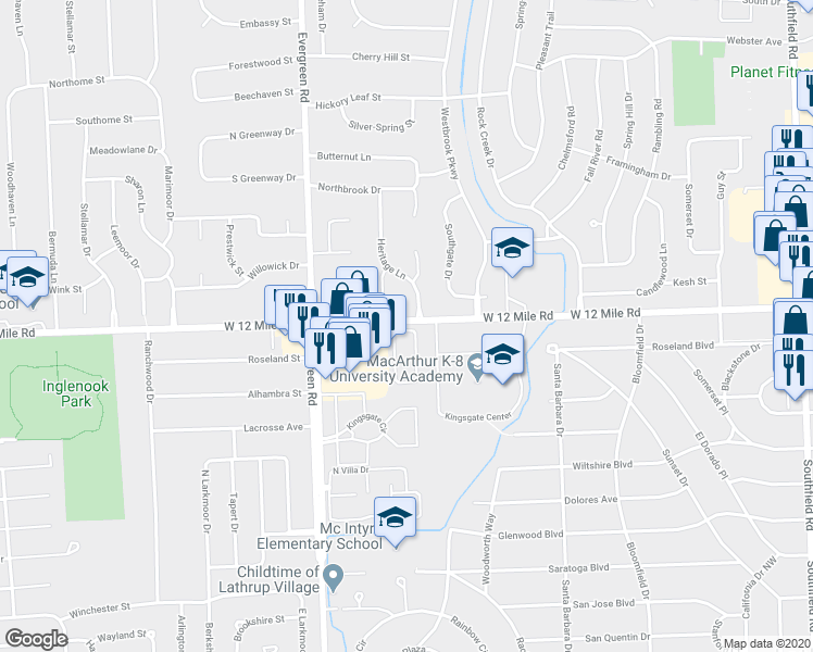 map of restaurants, bars, coffee shops, grocery stores, and more near 29075 Heritage Lane in Southfield