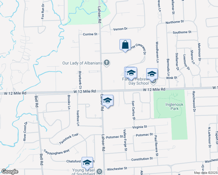 map of restaurants, bars, coffee shops, grocery stores, and more near 21800 Colony Park Circle in Southfield