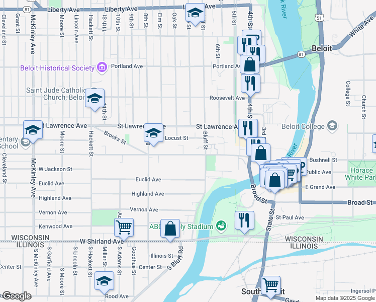 map of restaurants, bars, coffee shops, grocery stores, and more near 330 Locust Street in Beloit