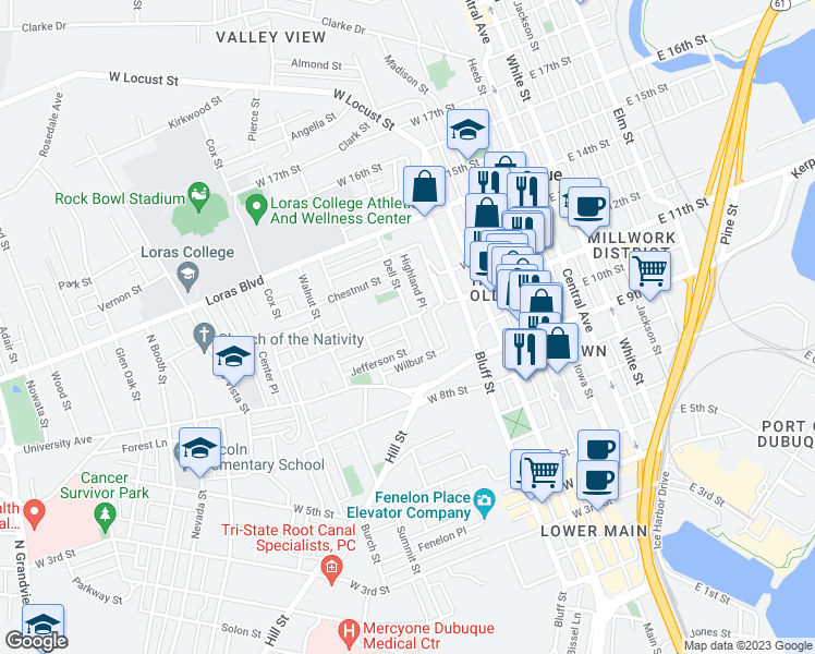 map of restaurants, bars, coffee shops, grocery stores, and more near 1105 Highland Place in Dubuque