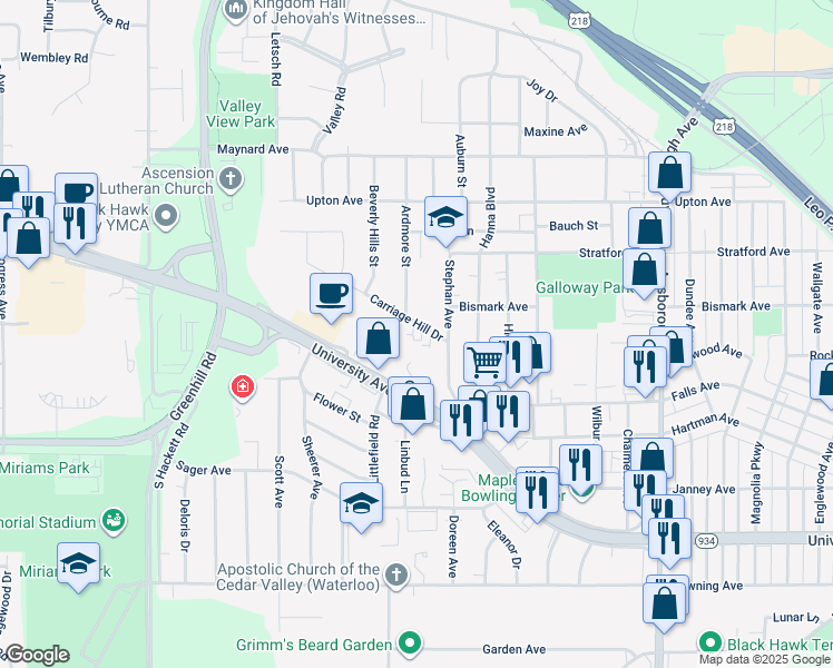 map of restaurants, bars, coffee shops, grocery stores, and more near 1701 Carriage Hill Drive in Waterloo