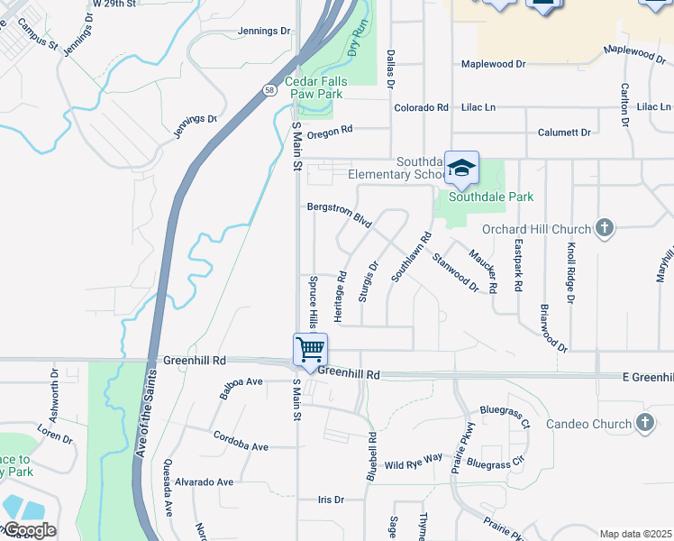 map of restaurants, bars, coffee shops, grocery stores, and more near 3925 Convair Lane in Cedar Falls