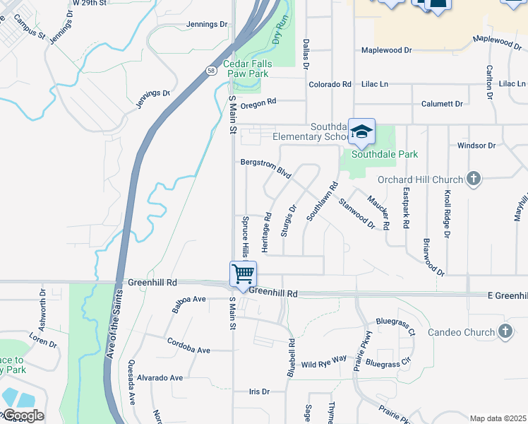 map of restaurants, bars, coffee shops, grocery stores, and more near 218 Westgate Avenue in Cedar Falls