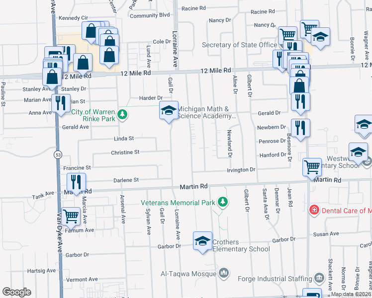 map of restaurants, bars, coffee shops, grocery stores, and more near 28350 Lorraine Avenue in Warren
