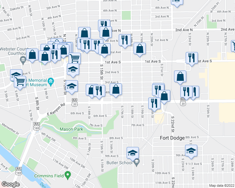 map of restaurants, bars, coffee shops, grocery stores, and more near 1617 4th Avenue South in Fort Dodge