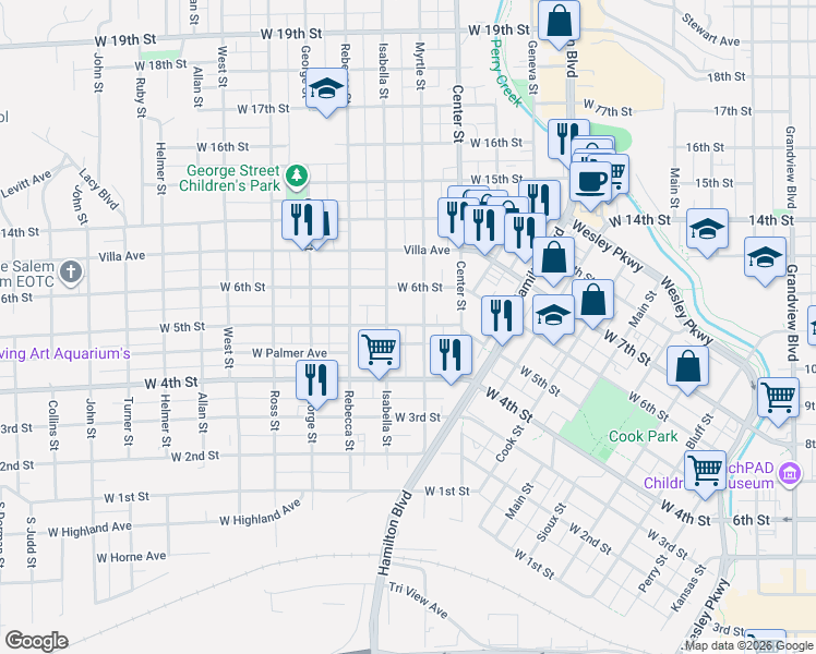map of restaurants, bars, coffee shops, grocery stores, and more near 501-599 Myrtle Street in Sioux City