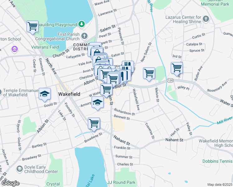 map of restaurants, bars, coffee shops, grocery stores, and more near 27 Water Street in Wakefield