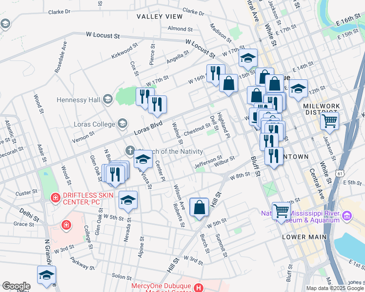 map of restaurants, bars, coffee shops, grocery stores, and more near Walnut Street in Dubuque
