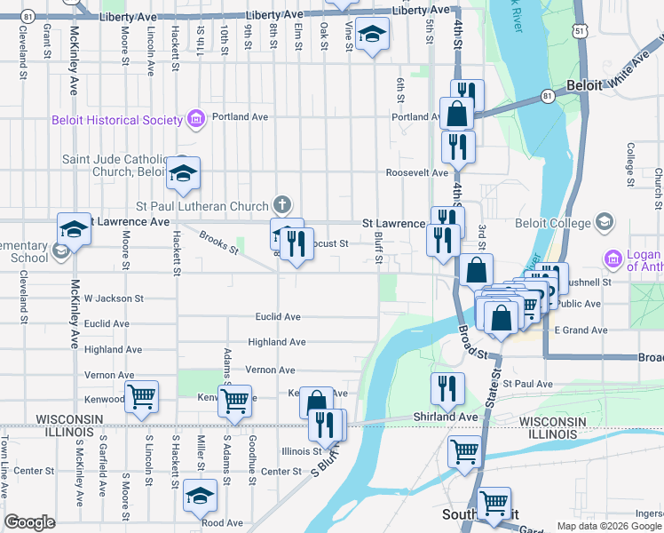 map of restaurants, bars, coffee shops, grocery stores, and more near 506 Locust Street in Beloit