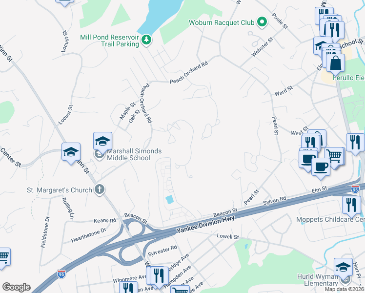 map of restaurants, bars, coffee shops, grocery stores, and more near 1 Arboretum Way in Burlington