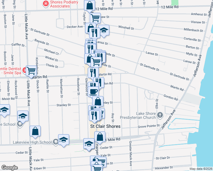 map of restaurants, bars, coffee shops, grocery stores, and more near 28405 Roy Street in St. Clair Shores