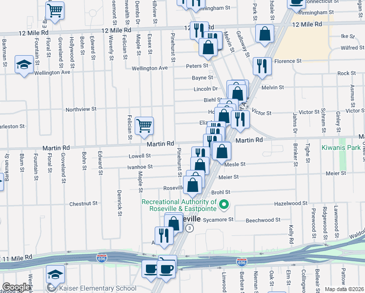 map of restaurants, bars, coffee shops, grocery stores, and more near 28010 Pinehurst Street in Roseville