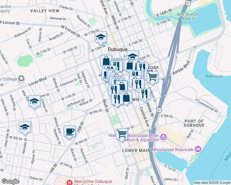 map of restaurants, bars, coffee shops, grocery stores, and more near 951 Main Street in Dubuque