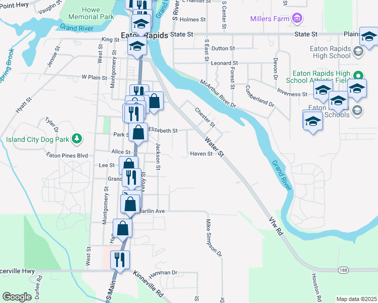 map of restaurants, bars, coffee shops, grocery stores, and more near 401 Haven Street in Eaton Rapids