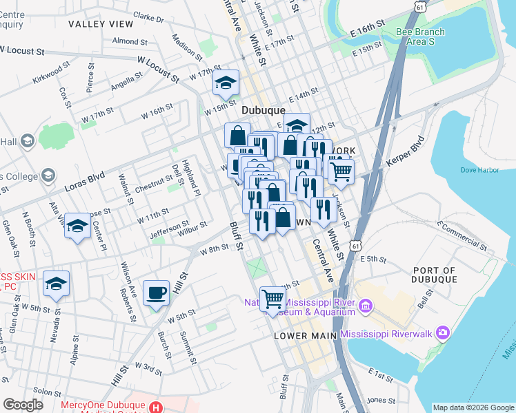 map of restaurants, bars, coffee shops, grocery stores, and more near 951 Main Street in Dubuque