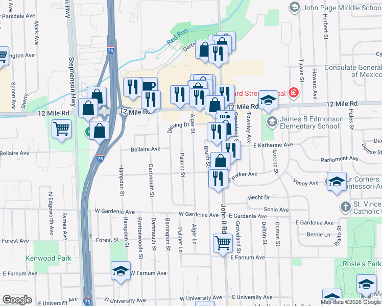map of restaurants, bars, coffee shops, grocery stores, and more near 28430 Palmer Street in Madison Heights
