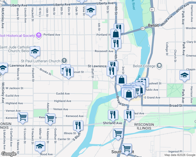 map of restaurants, bars, coffee shops, grocery stores, and more near 631 Bluff Street in Beloit