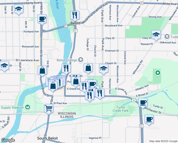 map of restaurants, bars, coffee shops, grocery stores, and more near 635 College Street in Beloit