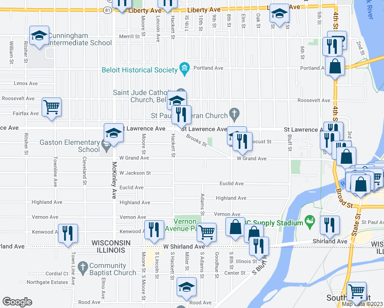 map of restaurants, bars, coffee shops, grocery stores, and more near 921 West Grand Avenue in Beloit