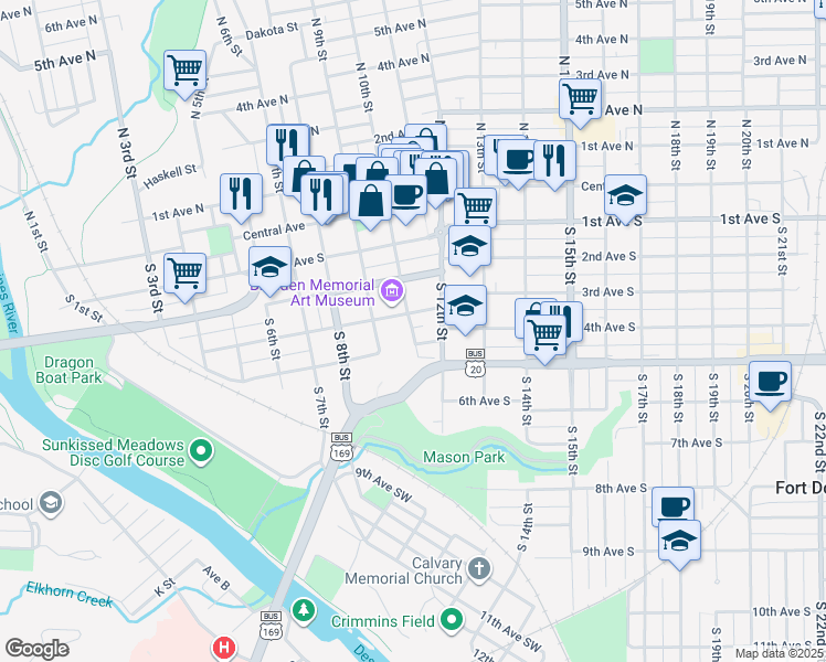 map of restaurants, bars, coffee shops, grocery stores, and more near 416 South 10th Street in Fort Dodge