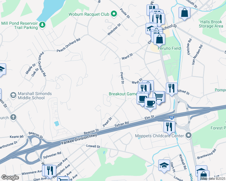 map of restaurants, bars, coffee shops, grocery stores, and more near Kimball Court in Woburn