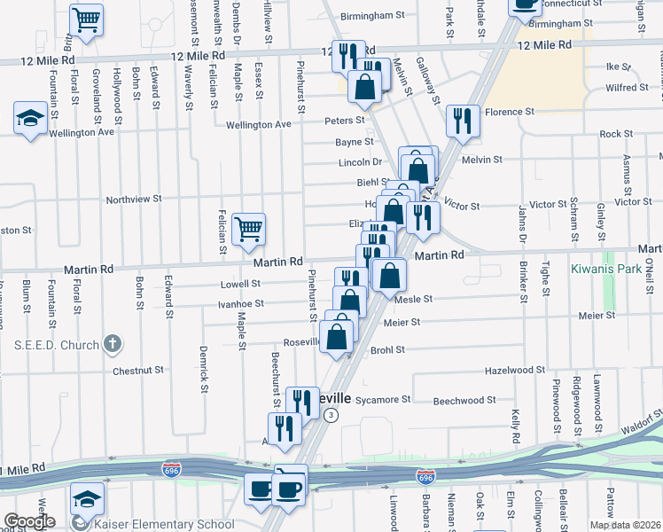 map of restaurants, bars, coffee shops, grocery stores, and more near 17895 Martin Road in Roseville