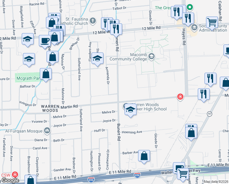 map of restaurants, bars, coffee shops, grocery stores, and more near 28222 Armanda Drive in Warren