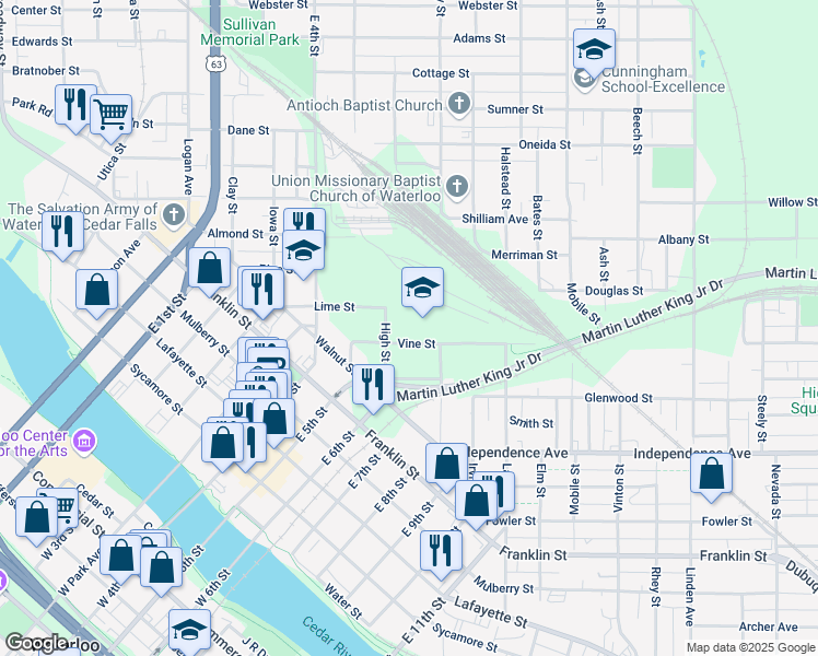 map of restaurants, bars, coffee shops, grocery stores, and more near 214 High St in Waterloo