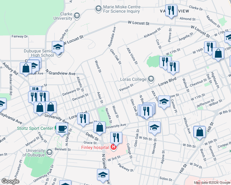 map of restaurants, bars, coffee shops, grocery stores, and more near 1528 Mount Pleasant Street in Dubuque